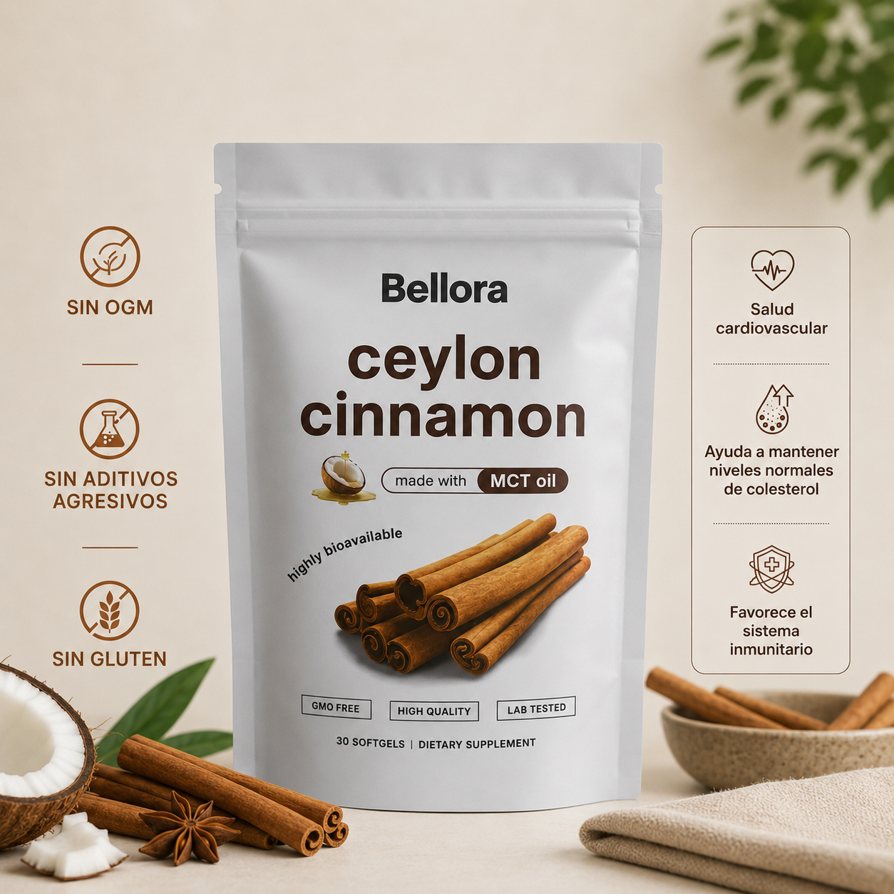 Canela de Ceilán 7200mg con Aceite de Coco MCT