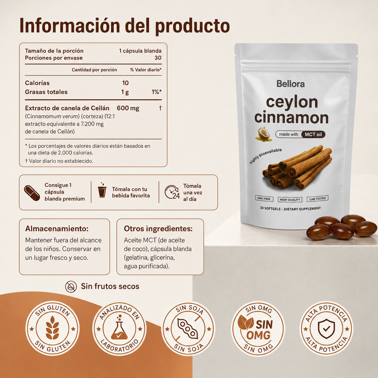 Canela de Ceilán 7200mg con Aceite de Coco MCT