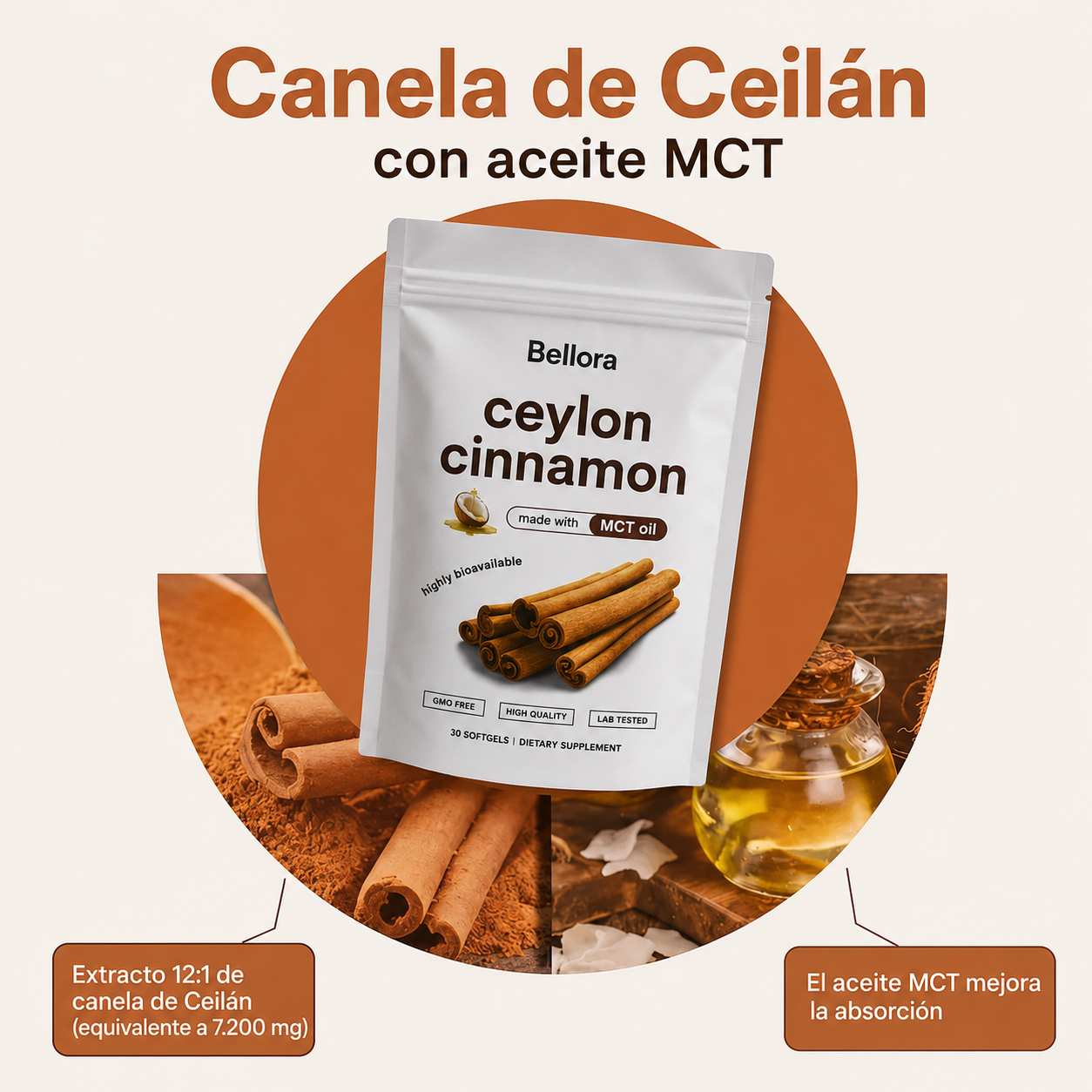 Canela de Ceilán 7200mg con Aceite de Coco MCT